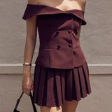 Solid Off-Shoulder Buttoned Top And Pleated Mini Skirt Set-Outfit