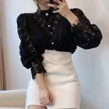 Sleeve Stand Collar Hollow Out Flower Lace Patchwork Shirt Femme Blusas All-match Women Lace Blouse Button White Top