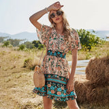V Neck High Waist Short Sleeve Print