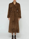 Brown Suede Long Belt Trench Coat-Outfit