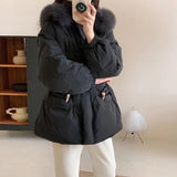 Korean Version Sweet Horn Buckle Down Jacket Female Long Winter New Fox Big Hair Collar Thick Warm Coat Tide-Outfit