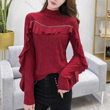Solid Color Ruffles Spliced Shirt Spring Autumn Slim Basic Half High Collar Female Clothing Chic Diamonds Knitted Blouse-Outfit
