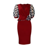 Fongt Summer New Mesh Velvet Bubble Sleeve V Neck Fashion Elegant Bag Of Hip Dress