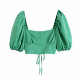 Women Vintage Square Collar Green Short Smock Blouse Female Puff Sleeve Slim Shirts Chic Backless Blusas Crop Tops
