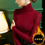 Winter Mesh T Shirts Women's Solid Turtleneck Full Sleeve Slim Basic Tshirts Tees Female High Stretch Undershirts-Outfit
