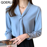 OL Style Bow Neck Blouse Tops Spring Blouse Women's White Chiffon Shirt Office V-neck Shirt Long Sleeve Shirt Plus