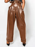 Women PU Leather Pants ZANZEA 2022 Spring Autumn Ruffle High Waist Wide Leg Pants Casual Solid Pleated Pockets