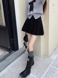 Bow Solid High Waist Pleated A-line Skirt-Outfit