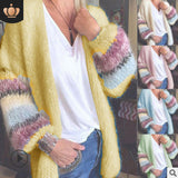 Fongt New Sweater Striped Mare Hairy Open Shirt Autumn And Winter Knitted Long-Sleeved Coat Women's