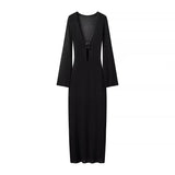 Fongt Women's Explosive Long-Sleeved Knitted Hollow V-Neck Dress