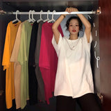 Tee Shirt 7 Solid Color Basic T-shirts Women Casual Harajuku Summer long white black Tops Korean Hipster White T