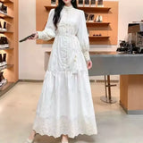 Fongt Retro Elegant Dress Women's New French Heavy Industry Embroidered Collar Lantern Sleeves Large Swing Dress