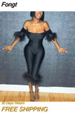 Slash Neck Off Shoulder Feather Slim Fit Jumpsuits Women Black Goth Stretch One Piece Rompers 2023 Summer Night Club