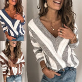 Fongt Style Women's Ladies Sweater Striped Stitching V-Neck Knit