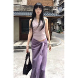 Fongt Sexy Pure Lusty Purple V-Neck Hanging Neck Sling Vest With Hip Skirt Two-Piece Suit Girl Summer Thin