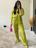 Fongt Explosion Women's Wide-Sleeved Linen Shirts Tight Straight Pants Set
