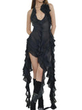 Sexy Y2K Ruffles Fairy Dresses Halter 3D Flower Dress Asymmetrical Mesh See Through Beach Party Club Outfits Vestidos-Outfit