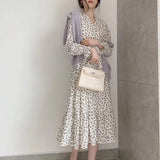 Fongt Ripe Wind Small White Dress Covers The Belly Dress Foreign Style Dress French Grandiflorum Retro Autumn High Waist Hepburn Floral Skirt-Outfit