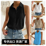 New Spring Satin Sleeveless Shirt Leisure Solid Color Summer Shirt Blouse-Outfit