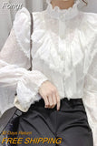 Ruffle Stitching Elegant Lace Blouse Long Sleeve Loose Chiffon Shirts Korean Style Stand Collar Pleated Top Blusas