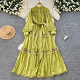 Fongt Style Dress Summer Dress Women's Heavy Industry Hollow Lace Splicing Long French Lantern Sleeve Dress