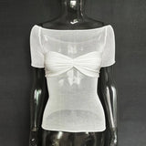 Through Mesh Crop Top Women Pullovers Strapless Short Knit Cropped Tops Ladies Tee Shirt Sexy Off-shoulder T-shirt-Outfit