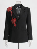 Fongt Sense French Retro Coat 2024 Autumn New Lapel Long Sleeve Rhinestone Stitching Flower Design Suit Woman-Outfit