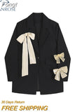 Women's Blazer Long Sleeve Black Suit Coats Bow Lace-Up Design 2023 Autumn New Casual Jacket Office Lady Loose Suit