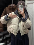 Grid Splicing Down Jacket Female Short 2024 New Retro Sweet And Thick White Duck Velvet Bread Coat-Outfit
