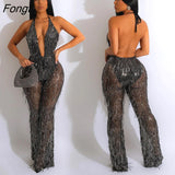 Sequins Tassel Sheer Mesh Jumpsuit Women Sexy Deep V Neck Lace Up Halter Backless Club Party Overalls Wide Leg