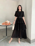 Fongt Familiar With The Style Of Temperament Short-Sleeved Round Collar To Close The Waist Thin Cake Dress Dress Dress Woman