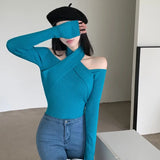 Straps Knitted Long Sleeve Crop Tops Korean Sweater Off Shoulder Straight Neck Tops-Outfit