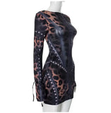 Black Animal Print Long Sleeve Bodycon Mini Dress-Outfit