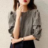 Fongt Spring And Summer New Korean Version Of The Fashion Show Thin Black And White Check-Down Bottom Shirt Gas Five-Sleeved Shirt Female
