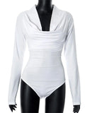 White V-Neck Draped Long Sleeve Bodysuit-Outfit