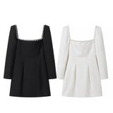 Fongt Women's Clothing 2025 Winter New Square Neck Nail Beads To Collect Short A-Shaped Dress