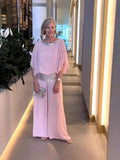 Fongt New Solid-Color Suit Round-Collar Sleb Set Of Bright Bat Shirt Wide Leg Trousers Set For Women