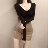 Slim High Quality Plain T Shirt Women Cotton Elastic Summer Female Crop Top Long Sleeve Sexy Thin T-shirt See Through-Outfit