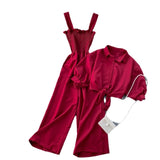 Fongt Wind Two Sets Of 2025 New Sling Folded Wide Leg Jumpsuit + Straight Short Sleeve Open-Sleeved Shirt Shirt Female Trend
