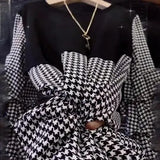 Women's Clothing Korean Houndstooth Blouse Stylish Drawstring Spring Autumn O-Neck Patchwork Casual Fake Two Pieces Folds Shirt-Outfit