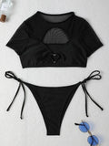 2024 New Sexy Hollow Mesh Spliced Love Diamond Split Swimsuit