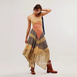 Fongt Women Print Color V Tie Sling Irregular Dress Dress