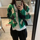 Fongt And Winter New College Temperament Small Knit Coat Female Retro British Wind Diamond Grid V-Neck Sweater Cardigan-Outfit