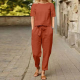 Women Summer Solid Matching Set Half Sleeve O-Neck Oversize Thin Blouse Wide Leg Pant Femme Holiday Elastic Vintage