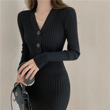 Autumn Mid-Length Skirt Temperament V-Collar Light Ripe Apricot Trim Skirt Knitting Stretch Thin Buttocks Wool Skirt-Outfit