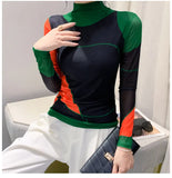 Women's Autumn Winter Long Sleeve Turtleneck Mesh T-shirts Female's Positioning Printing Tee Top FF0851-Outfit