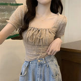 Fongt With Drawstring T-Shirt For Girls Summer New Retro French Style Collar Temperament Collar Collar Short Sleeve Top In
