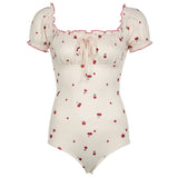 Desire Atmosphere Feeling Cherry Printed Wood Ear Splicing Swimming Suit Square Collar Back Dewy Back Design Sexual Bubble Sleeve Jumpsuit-Outfit
