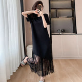 Fongt High-End Lace Splicing Dress 2025 Light Luxury Temperament Slim Thin Short Sleeve Black Dress