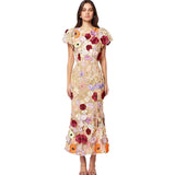 Fongt 2025 New Light Luxury Collar Embroidered Three-Dimensional Flower Bubble Sleeve Long Dress Bag Hip